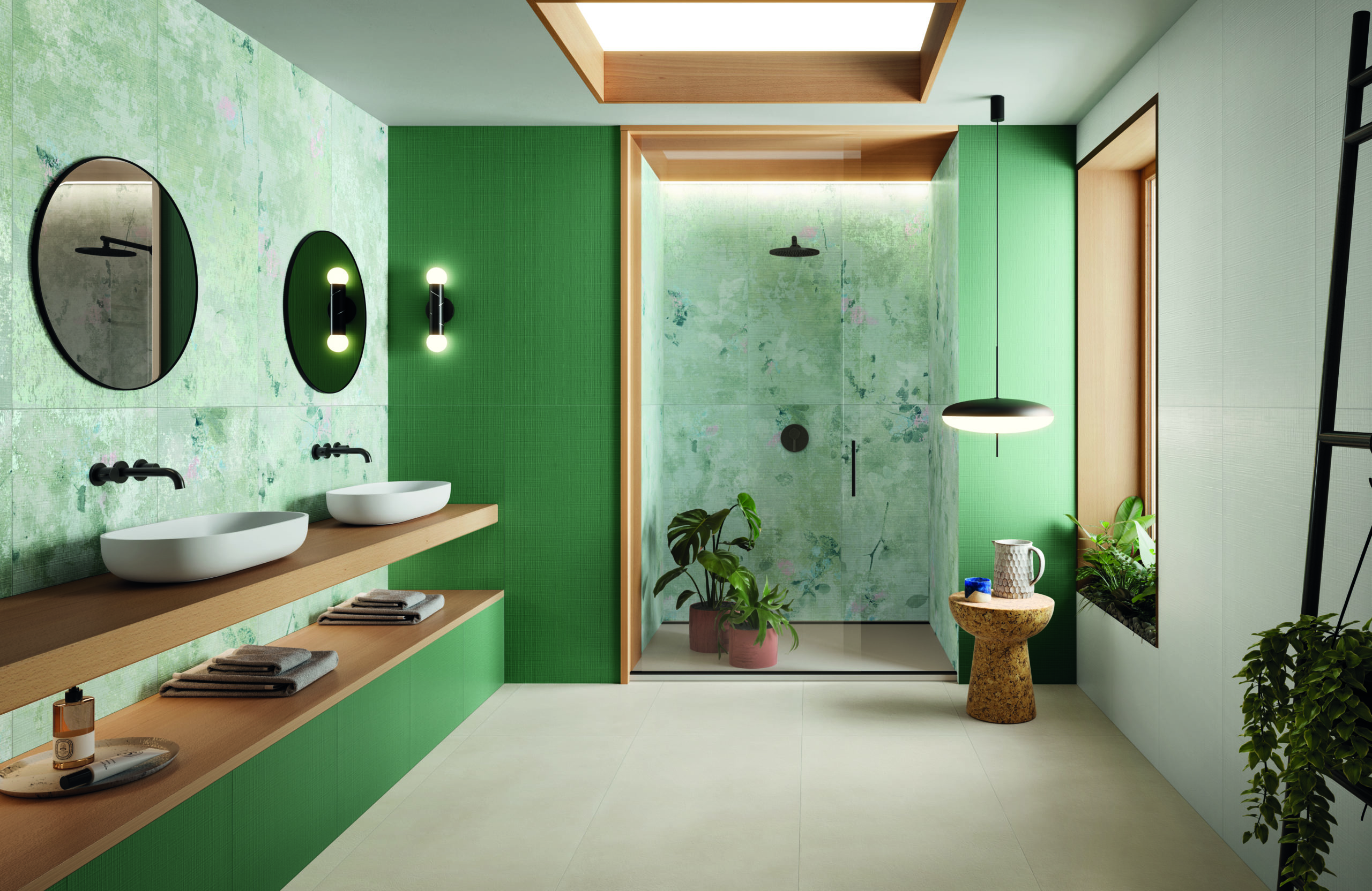 Moderní zelená koupelna s kulatými zrcadly
