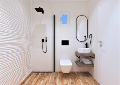 3D návrh malé koupelny vzduch – dlažba v imitaci dřeva Treverkhome