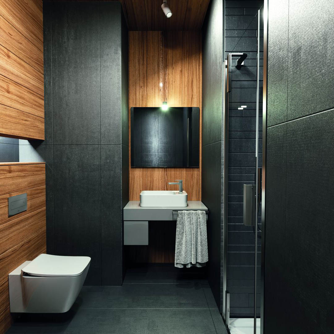 Luxusní koupelna s obklady v imitaci dřeva